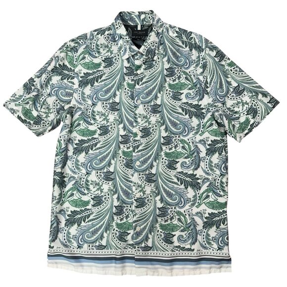 Ted Baker London Shirt Mens Size 3 Medium Short Sleeve Lyocell Paisley Green - Picture 1 of 6